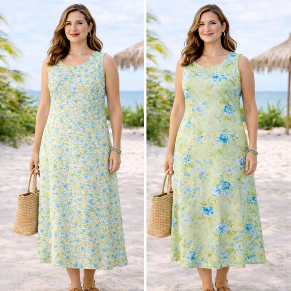 Vintage Studio Ease Reversible Floral Maxi Dress 14 Yellow Blue Green Resort